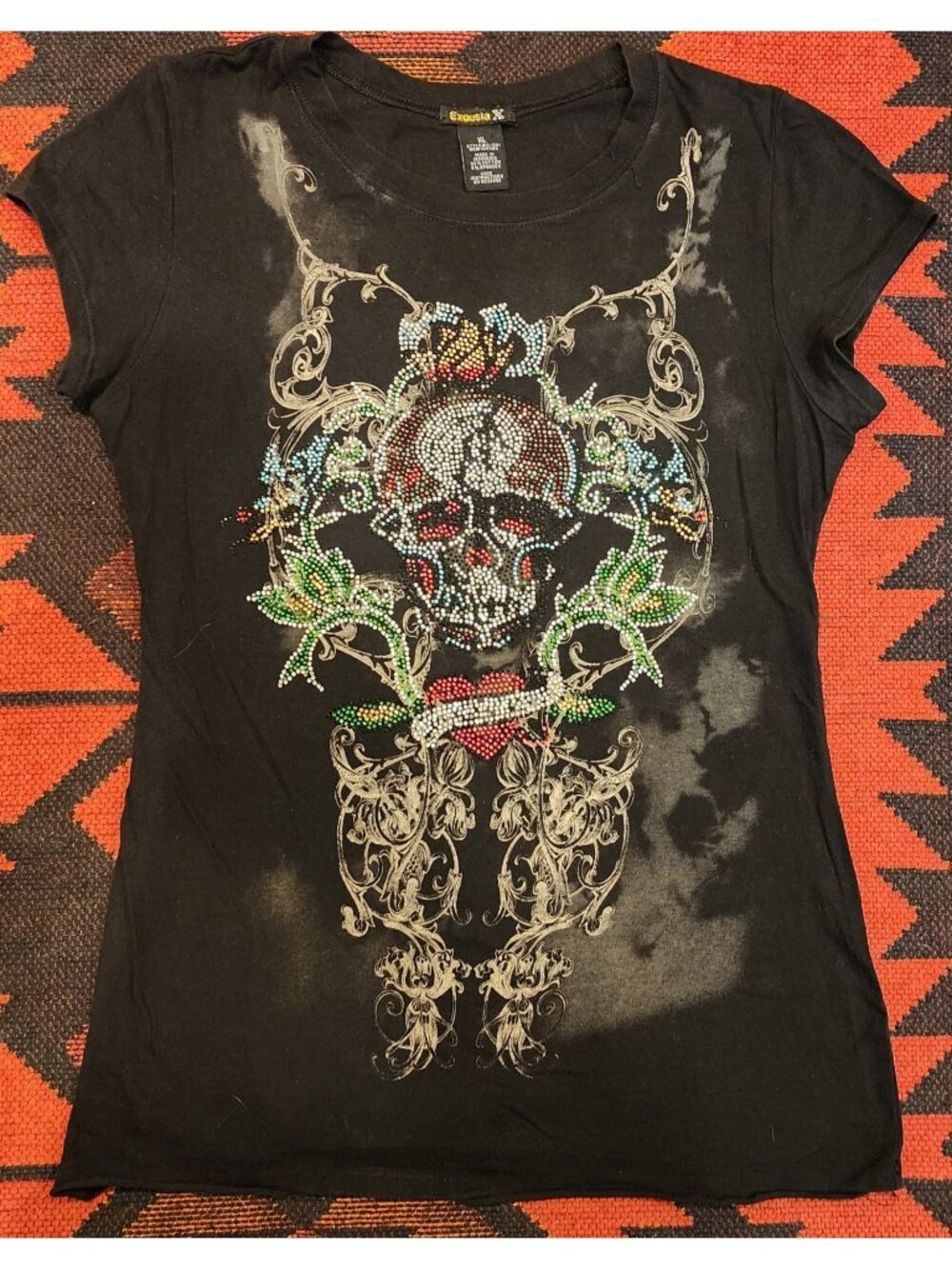 VINTAGE NEW Rhinestone Skull Graphic Black T-Shirt Womens XL Exousia X